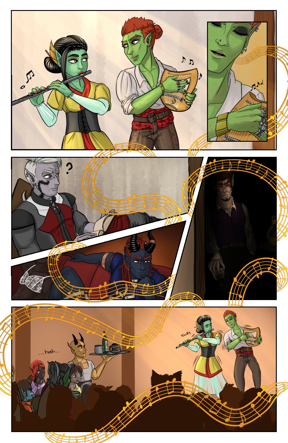 Panel 1: Marion and Ferris are looking at each other, instruments at the ready and playing a couple warm-up notes as they get ready to play. Marion is playing the flute, and Ferris is holding a lyre. Panel 2: Close up on Ferris as he starts to sing with the accompaniment and a ribbon of music spawns from him, wrapping around the rest of the comic. Panel 3-5: The music drifts past three particular characters we want to draw attention to: Szelek, the elf reading and drinking tea; Midnas the demonic bar owner, and an unknown vampiric figure standing in a darkened part of the bar drinking "wine". All three take notice of the music and seem to be drawn to find its source. Panel 6: A wider shot of Ferris and Marion playing and swaying to the music as the crowd hushes to listen. Even the busy servers have paused to listen in.