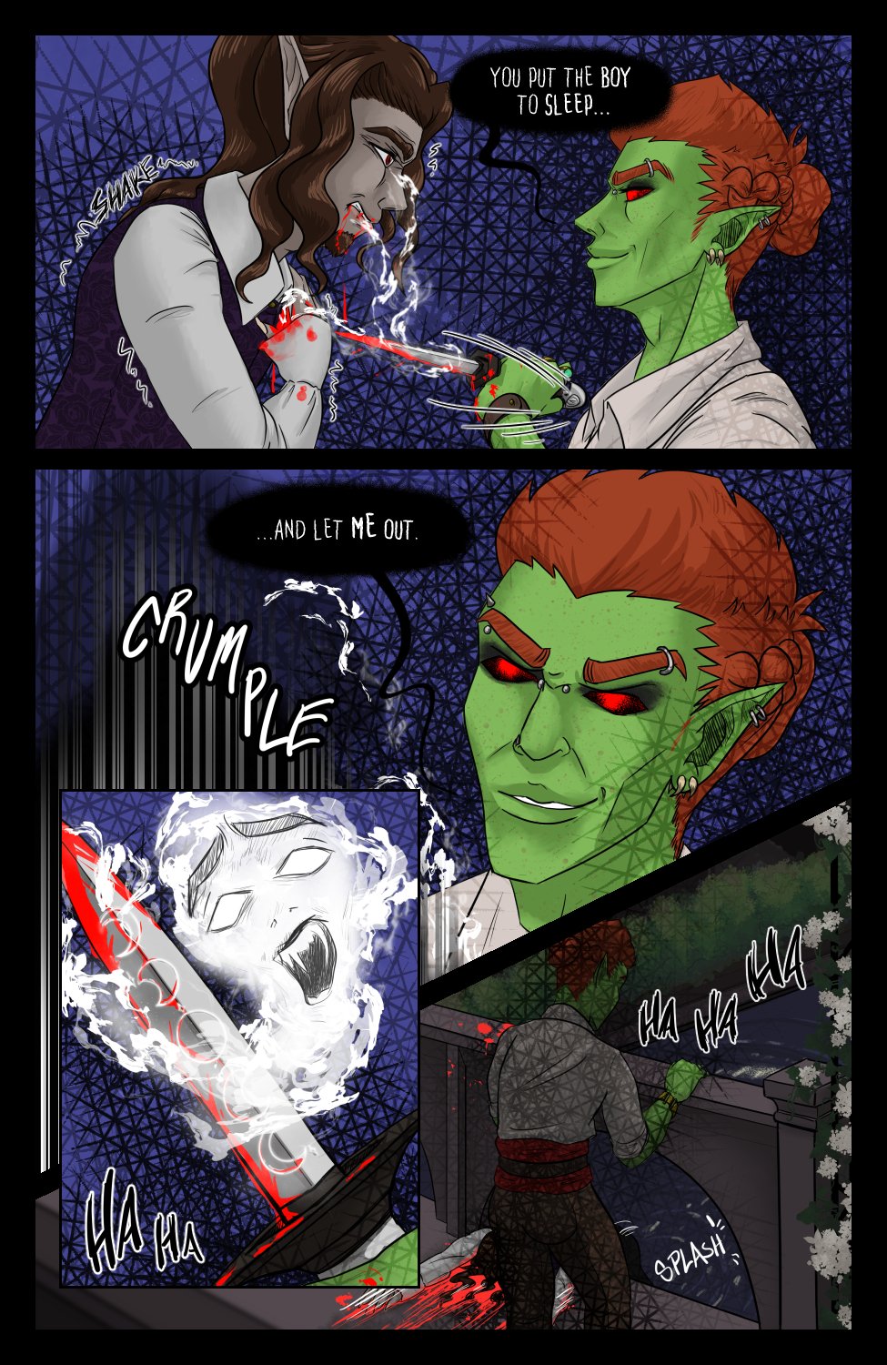 Panel 1: Javier hunches, shaking and bleeding while clutching his chest as Ferris rips the dagger out taking some kind of essence out of him with it. Ferris looks smug with a black haze around him and black encroaching on his redded out eyes. He says, "You put the boy to sleep..." Panel 2: Javier crumples to the ground in front of a smiling evil Ferris who finishes "...and let ME out." Panel 3: Insert close up of the dagger as something looking like a screaming soul of Javier gets sucked into the dagger. There's some off screen laughter starting up. Panel 4: Shot from a high angle behind Ferris at the end of the bridge as he kicks Javier's body into the canal below. That laughter is picking up.