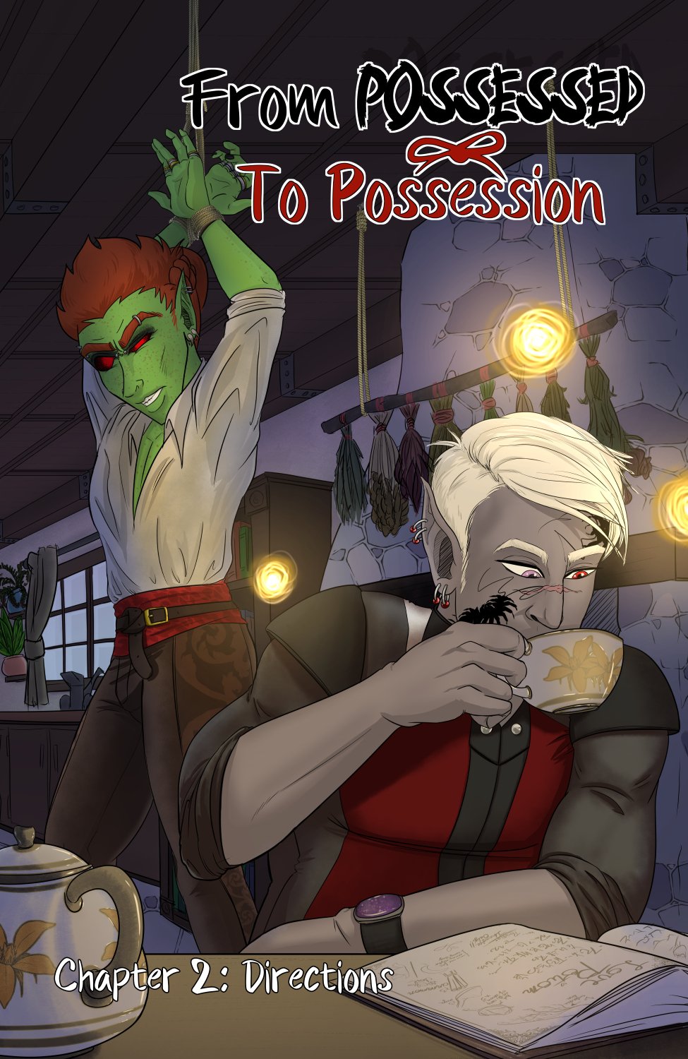 Titles read :From Possessed To Possession, Chapter 2: Directions

Szelek sits at a desk with a teapot with a modern floral design and a book open to a page on Love Potions. He's sipping non-chalantly from a matching cup of tea leaning in to read in the light of three floating glowing orbs of warm light. Just behind him is a red-eyed possessed Ferris standing with his hands bound above and behind his head up toward the ceiling. Ferris is looking angrily at Szelek like he does not want to be there. The background looks like a kitchen interior with a big fireplace, some books and lots of plants.