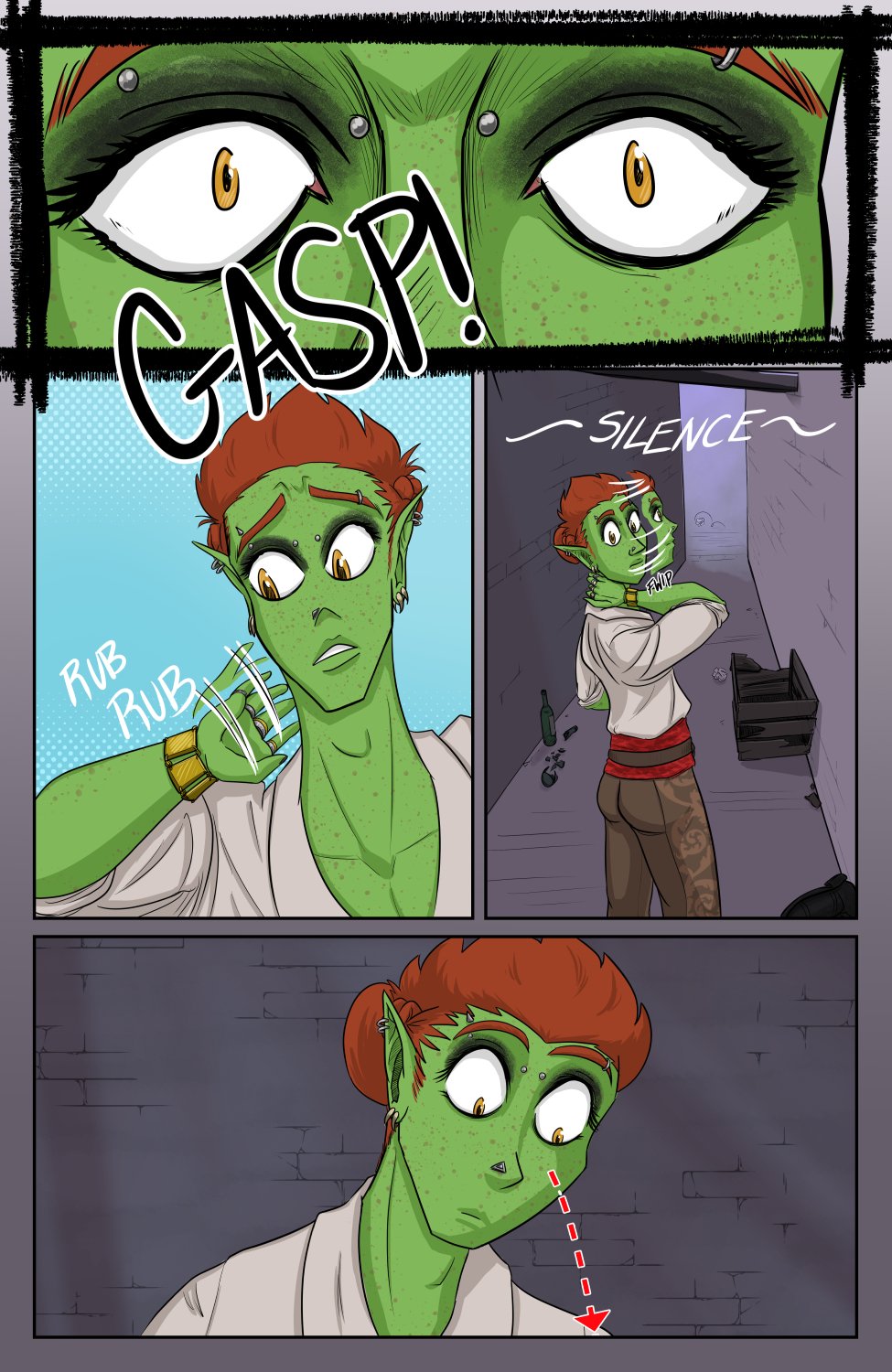 Panel 1: Extreme close up on Ferris' eyes as they snap open and he gasps from suddenly regaining consciousness.

Panel 2: Ferris worriedly rubs his neck where Javier had bitten him earlier but it's either clean or dry now.

Panel 3: Ferris looks around, up and down the seemingly empty little alley he's woken up standing in. There's a tumbleweed-style ball of paper trash rolling in the background and broken bits of glass or wooden boxes and a boot....

Panel 4: Ferris looks down, eyes wide like he's shocked by what he sees at his feet.