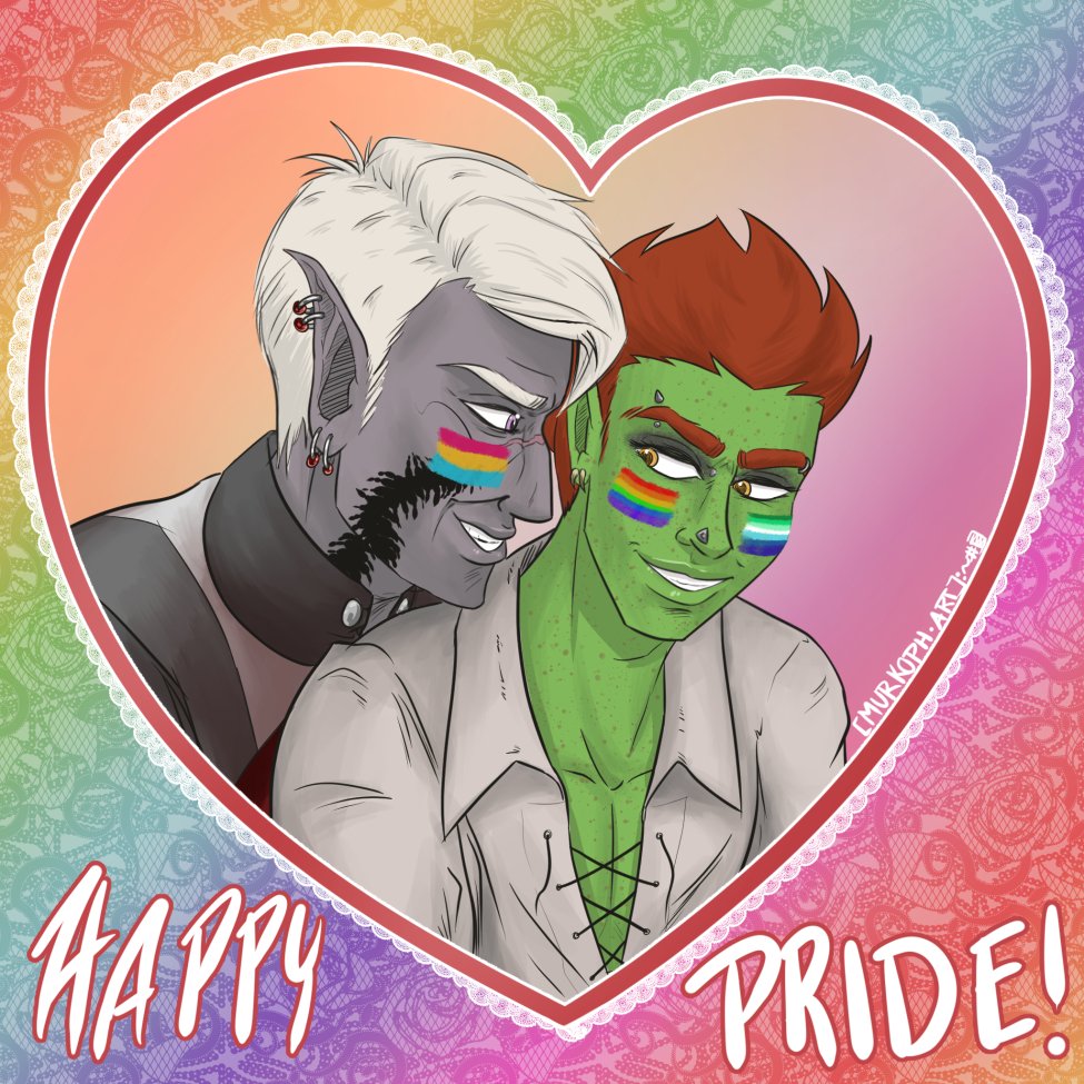 Szelek and Ferris leaning into and smiling at each other. Szelek has a pansexual flag painted on his cheek, and Ferris has the standard rainbow flag on one and the trans-inclusive gay flag on the other. The image is bordered in a heart with lace and a rainbow lace background.