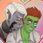 Szelek and Ferris leaning into and smiling at each other. Szelek has a pansexual flag painted on his cheek, and Ferris has the standard rainbow flag on one and the trans-inclusive gay flag on the other.