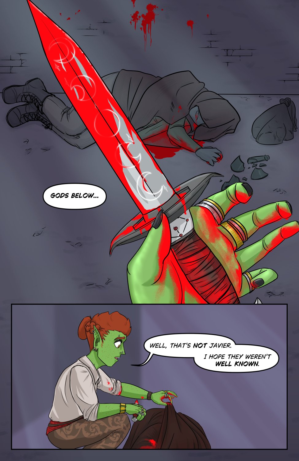 Panel 1: POV from Ferris looking down at the ritual dagger in his hand covered in blood, with a crumpled body pooling blood in the background. He utters, "Gods below."

Panel 2: Ferris kneels in front of the body, lifting up the hood with one hand to peek at who it was who died. He says somewhat calmly, "Well, that's not Javier. I hope they weren't well known."
