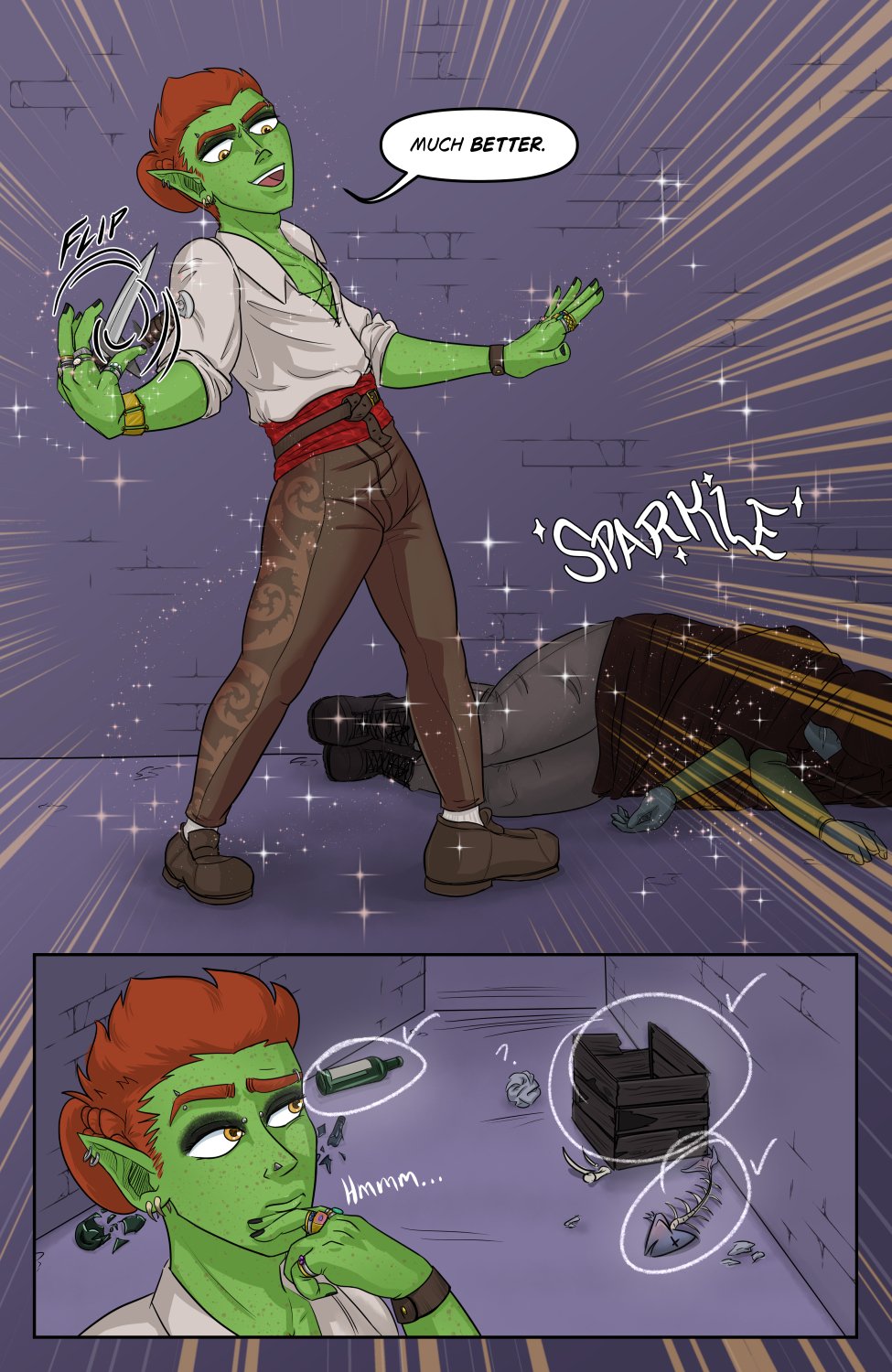 Panel 1: Full body shot of Ferris as he confidently twirls the now clean dagger in one hand and says "Much better." The rest of him is also sparkling clean, as well as the dead body and alleyway behind him.
Panel 2: Close up on Ferris deep in contemplation, looking back at some trash further down the alley.