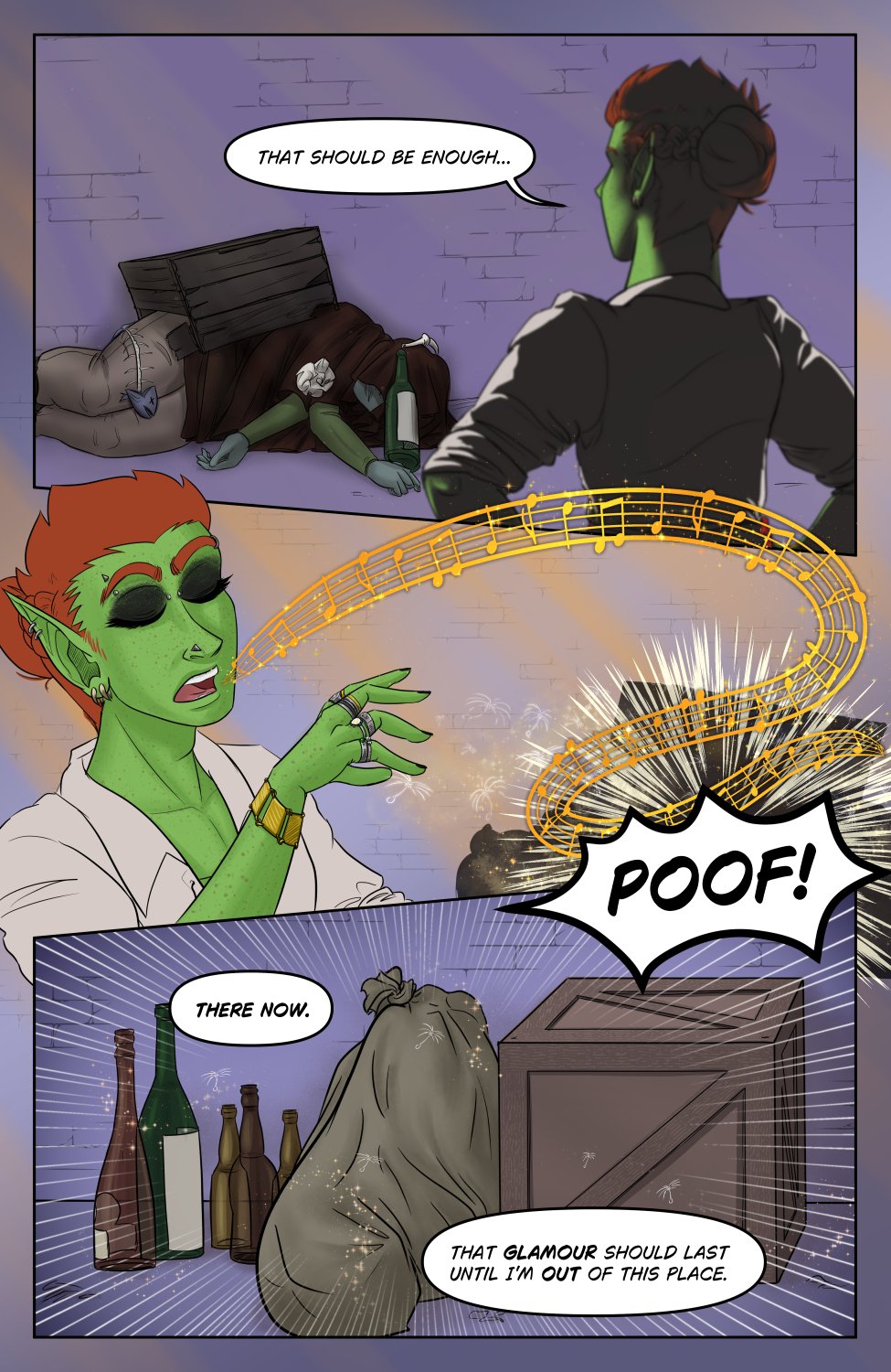 Panel 1: We look over the shoulder of Ferris from behind who's looking at the body that he's now covered in the bits of trash from the alley on the previous page. He says to no one in particular, "That should be enough..."

Panel 2: Ferris sings a little tune again, the song golden and magical and a matching golden dust with dandelion fluffs drift from his hand to the lump of trash. There's a poof! as the magic takes effect.

Panel 3: The body covered in trash now looks like a fairly clean set of empty bottles, a bag of junk and a sealed crate, more like cargo awaiting pickup. The faint hint of magic an dandelion fluffs starts to fade away. Ferris again says to himself, "There now. That glamour should last until I'm out of this place."