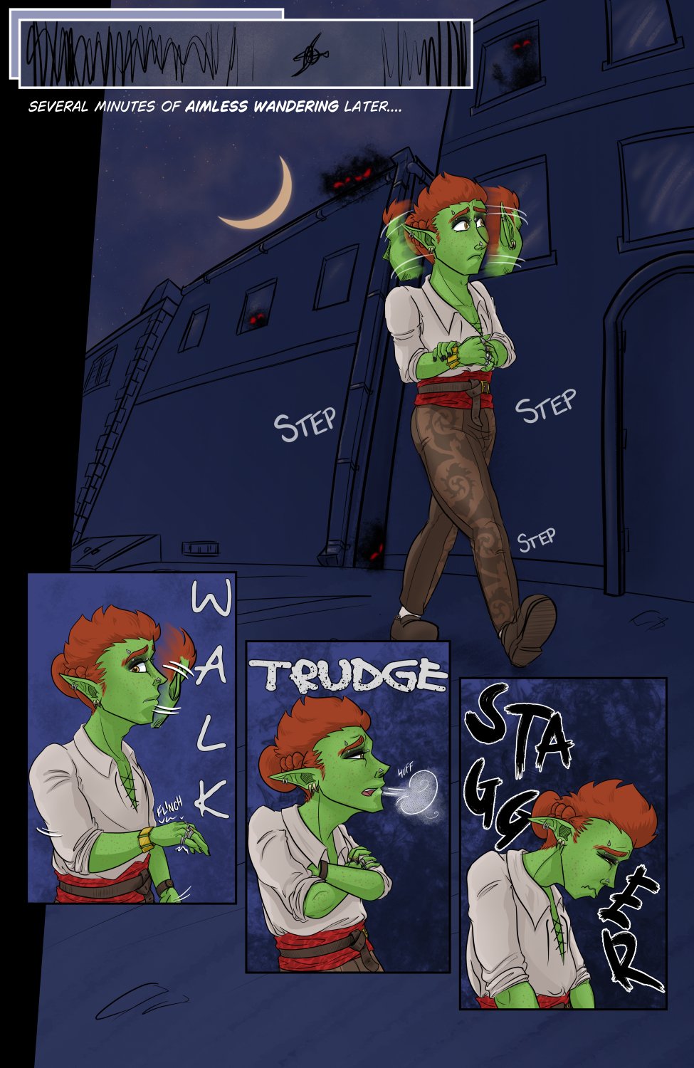Panel 1: There's an insert of a scribbled above shot of a figure walking, and then below a full panel of Ferris nervously walking down an alley with buildings towering over him and amorphous shadows with glowing eyes peering at him mischieviously.

Panel 2: Side view of Ferris nerviously walking and flinching at every little sound. Text in the background says "WALK".

Panel 3: Side view of Ferris still walking but with his arms crossed, his shoulders hunched a bit and huffing out a breath. He looks tired of pointless walking. Text above him says "TRUDGE".

Panel 4: Side view of Ferris walking, but fully hunched over, with a miserable expression and drooping ears. The text in the background days "STAGGER".