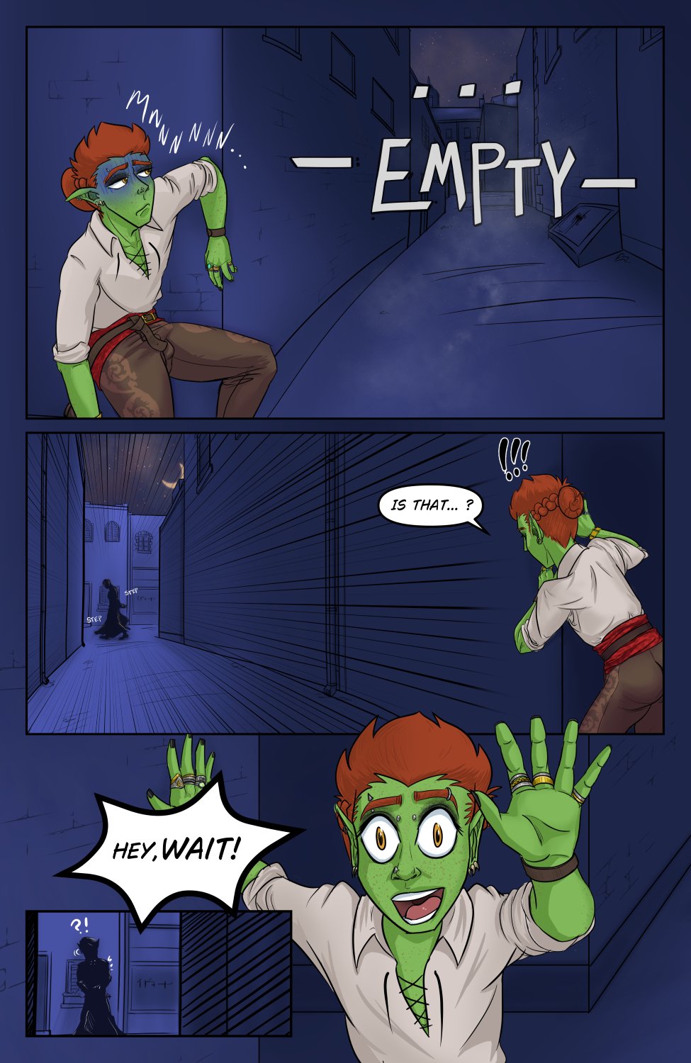 Panel 1: Ferris, exhausted and sad, kneels at the edge of an alley, leaning heavily against the wall and looks down yet another empty crossroads. There's text down the alley that reads "Sorry, Bud. Still nothing." Panel 2: In the opposite direction Ferris notices a single shadowy figure at the end of the street passing by on a parallel road. As Ferris catches sight of the movement, he mutters, "Is that...?" Panel 3 & 4: Ferris yells "Hey, WAIT!" and reaches out a desperate hand. There's an insert slightly closer on the shadowy figure turning as they hear someone yelling.