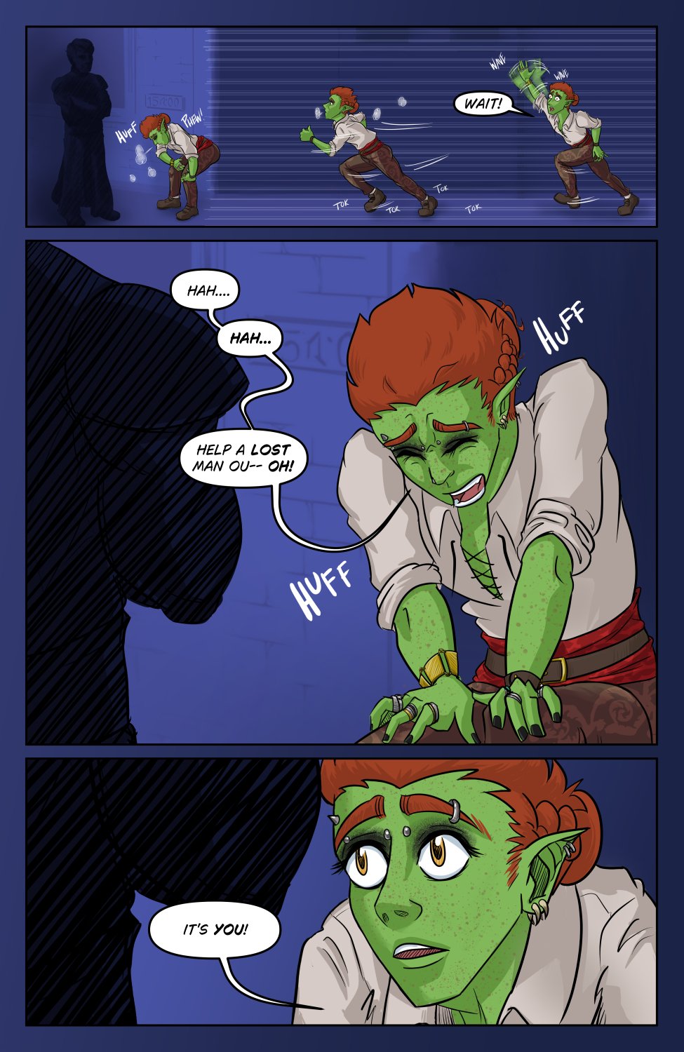 Panel 1: This panel is a combined shot of a montage of Ferris on the right waving down the figure on the far left, then running to him then stopping short in front of him, doubled over to catch his breath.

Panel 2: Closer shot over the shoulder of the blacked out mystery figure, while Ferris is still hunched over to catch his breath from the run. Ferris finally manages to say, "Hah.... hah... Help a lost man ou-- OH!"

Panel 3: Still closer in on Ferris' face as he looks up and recognizes the person he's just stopped on the road. He says while eyeing the familiar stranger, "Oh, it's you!"