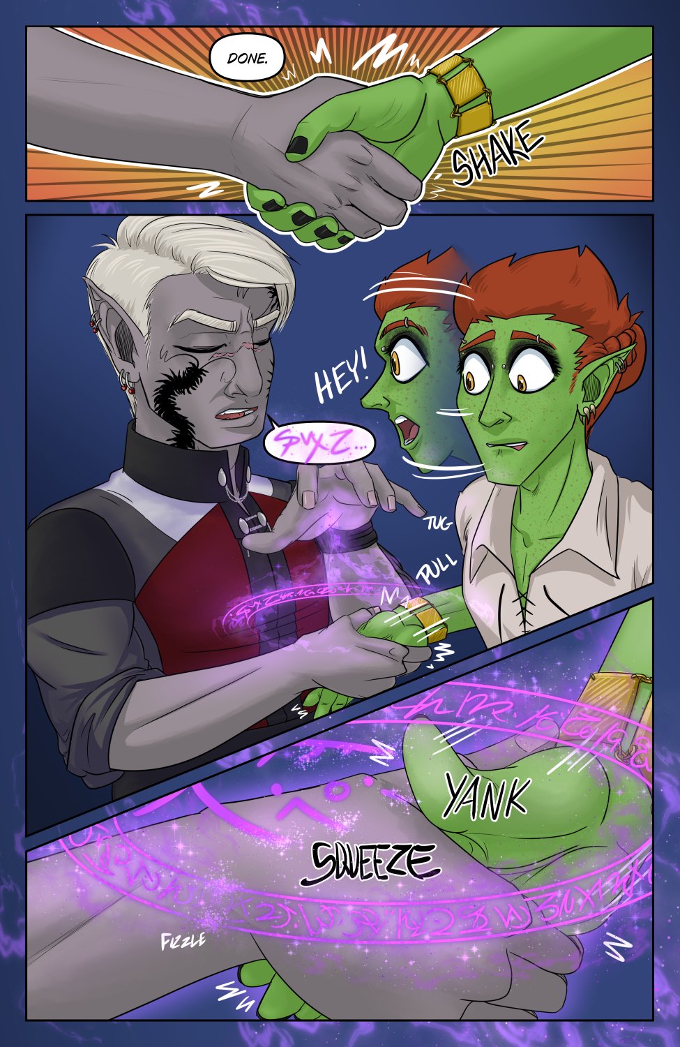 Panel 1: Close up on Ferris and Szelek's hands shaking in agreement as Ferris agrees to Szelek's offer to get him across town for theater tickets. Ferris says from off screen "Done."

Panel 2: Ferris tries to pull his hand back, but Szelek keeps a rock solid grip on it and starts chanting in some language of magic that starts forming a magic circle above their combined hands. Ferris starts freaking out, pulling on his hand and yelling "Hey!" at Szelek.

Panel 3: Another close up of Ferris desperately trying to yank his hand free, only managing to squeeze out his thumb as the magic circle approaches completion.