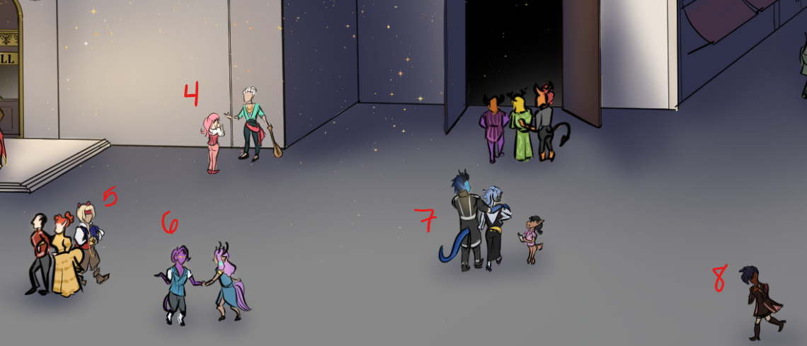 Cameo 4: SkullyLoves' OC Gideon and Mrs. Echo's OC Orya, Cameo 5: Cashile from Thief Cute, Cameo 6: Damakos and Daio from The Alchemist's Collective, Cameo 7: Arzen and Shayce from Errant Stars, Cameo 8: Zendaya from The Magical Freelancer's Guild