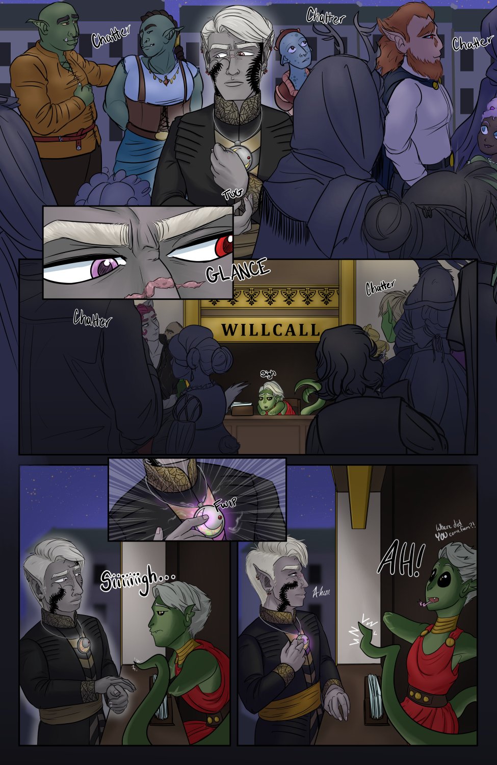 Panel 1: Szelek looks around from within the crowd, still glowing white, desaturated and seemingly unnoticed, while tugging his jacket cuff into place in a little tic of discomfort around all the people. Panel 2: Insert close up on Szelek's eyes, muted in color, looking to the side. Panel 3: Aera at the Will Call booth looking bored as heck. The crowd is split between them showing that there's currently no line for will call. Panel 4: Szelek walks up to the booth, but appears to be unseen as Aera is still sighing with boredom. Panel 5: Close up on Szelek touching his moonstone pendant and the magical glow dying down. His colors also come back to normal as the purple of his aura traps the magic inside the pendant. Panel 6: Szelek does a little "ahem" for attention and Aera nearly jumps out of her skin with surpise. There's a little aside of her saying "Where did YOU come from?!" Szelek continues to look normal in color with the little purple glow on the necklace as long as his finger touches it.