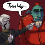 Szeleking showing a ticket to a big blue-green guy in an usher's uniform who says "This way..."