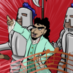 Hamlin in full costume siccing some knights on someone off screen