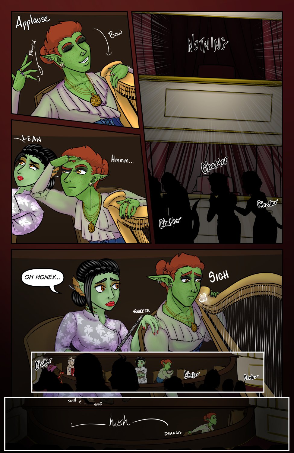 Panel 1: Ferris bows with a little flourish of his hand to lingering applause.

Panel 2: Ferris squints, peering into the crowd as Marion looks on curiously.

Panel 3: Ferris' POV looking into the leaving crowd toward a dark and seemingly empty theater box.

Panel 4: Ferris sighs dejectedly and Marion squeezes his shoulder with sympathy saying "Oh honey..."

Panel 5: The theater crew picks up together as the crowd starts to leave.

Panel 6: Later, a hush has fallen as most of the crowd has cleared out and only Ferris remains stacking chairs as the last people leave.