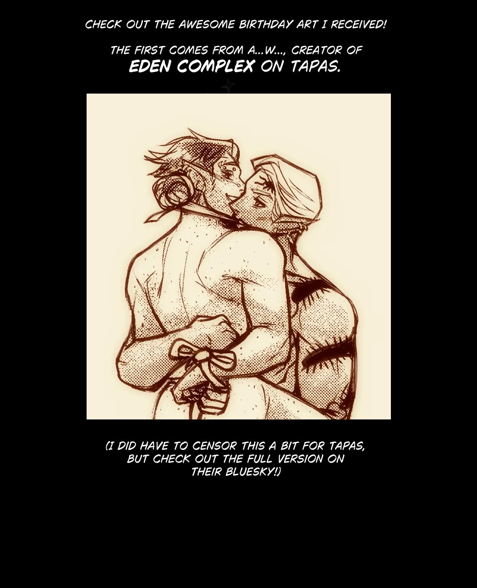 Panel 1: Text reads, "A few minutes later, next door..." in front of an establishing shot of a bar and inn called "The Staged Hangover". It's night out, but a couple windows are lit up leading the eye to a particular set of windows.

Panel 2: Closer up on the windows where we can see a silhouette of a man and maybe the back of another head at about waist height. There's some lovemaking sounds, "Mmmff-- fuuuucc!" "Ahmmm..." in a script used previously for Ferris' make out scene with Javier. There's also some squelching. 

Panel 3: Close up on the back and side of Ferris' head sucking Szelek's dick. Ferris' eyes are closed like he's deep in concentration with one hand lightly pressing a thumb into his balls and about to close on the shaft, and Szelek has one hand entangled and tugging on Ferris' bun.

Panel 4: Wider shot of Szelek standing, leaned against a dresser receiving head from Ferris. Szelek still has the hand in Ferris' hair and Ferris is now using a hand and his mouth to get Szelek off. Sounds of pleasure come from both, along with wet sex noises, and Szelek says aloud, "Mmmm... good boy."