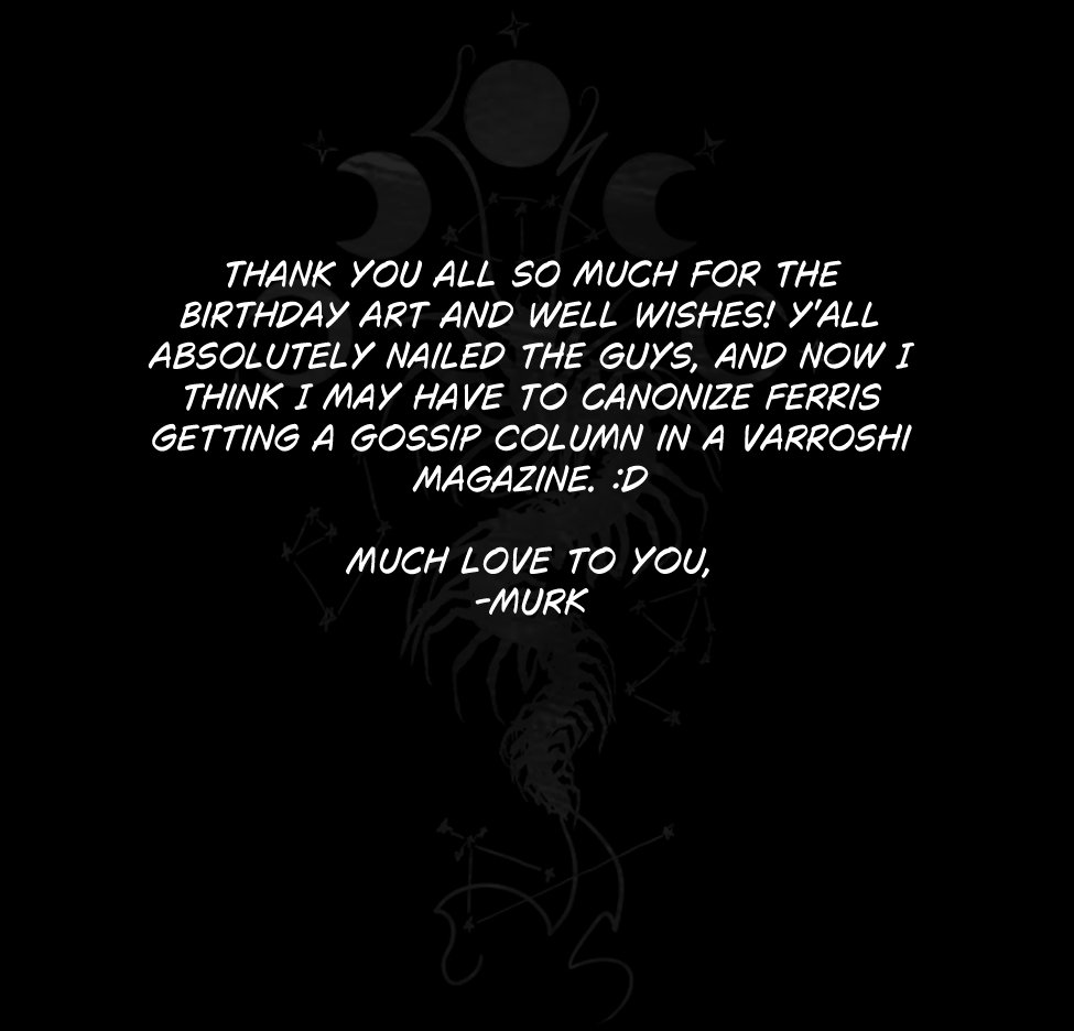 Panel 1: Text reads, "A few minutes later, next door..." in front of an establishing shot of a bar and inn called "The Staged Hangover". It's night out, but a couple windows are lit up leading the eye to a particular set of windows.

Panel 2: Closer up on the windows where we can see a silhouette of a man and maybe the back of another head at about waist height. There's some lovemaking sounds, "Mmmff-- fuuuucc!" "Ahmmm..." in a script used previously for Ferris' make out scene with Javier. There's also some squelching. 

Panel 3: Close up on the back and side of Ferris' head sucking Szelek's dick. Ferris' eyes are closed like he's deep in concentration with one hand lightly pressing a thumb into his balls and about to close on the shaft, and Szelek has one hand entangled and tugging on Ferris' bun.

Panel 4: Wider shot of Szelek standing, leaned against a dresser receiving head from Ferris. Szelek still has the hand in Ferris' hair and Ferris is now using a hand and his mouth to get Szelek off. Sounds of pleasure come from both, along with wet sex noises, and Szelek says aloud, "Mmmm... good boy."