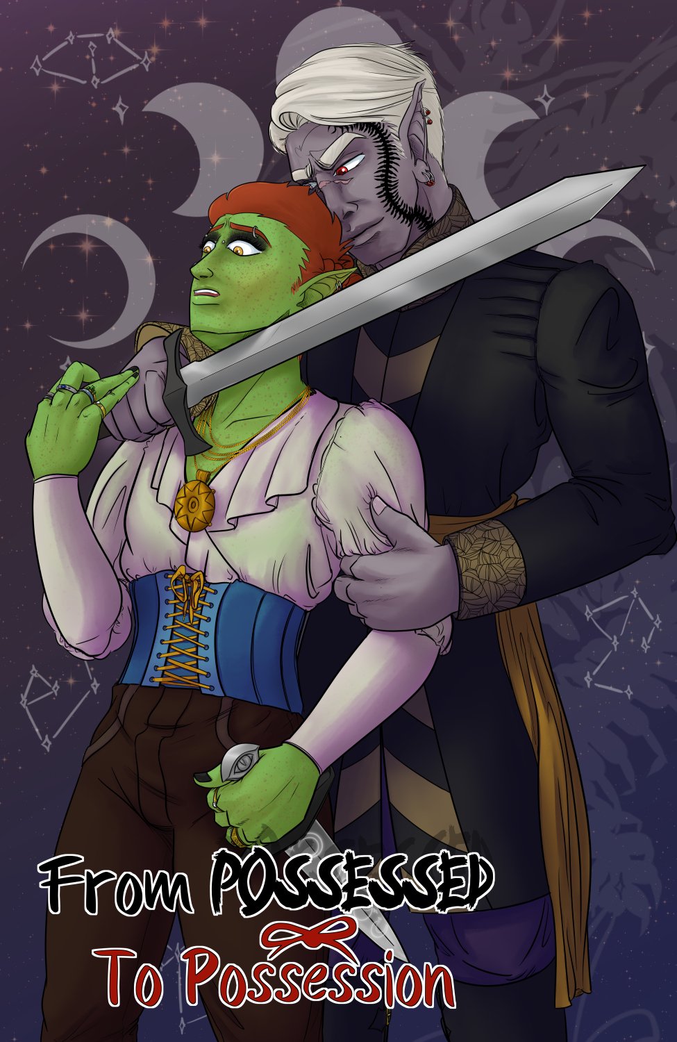 Szelek stands behind Ferris, both in their theater best outfits, with Szelek holding a long sword to Ferris' throat. Ferris looks surprised and a little scared and has in his left hand his dagger at about thigh height. Szelek smiles and holds that same dagger arm with his free hand as though he caught Ferris trying to do something... naughty. The background is a blue to purple gradient with the symbols of the moon, constellations, and centipede at low opacity (all symbols from Szelek's back tattoo).