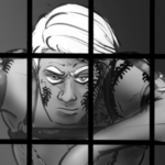 black and white szelek behind bars