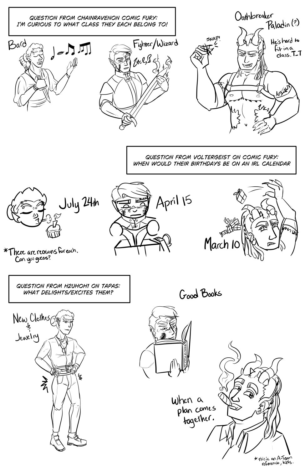 Text reads: Question from ChainRavenon Comic Fury: I'm curious to what class they each belong to! The picture shows Ferris as a Bard singing while wielding his dagger and a guitar on his back. The next shows Szelek the Fighter/Wizard with a longsword that he's casting a spell on or with. Finally we have Midnas aggressively snapping at camera as an Oathbreaker Paladin (He's hard to fit into a class. T_T)

Text Reads: Question from Voltergeist on Comic Fury: When would their birthdays be on an irl calendar? Ferris (July 24th) is shown blowing out a candle on a cupcake. Szelek (April 15th) is shown annoyed at opening a present with a thong. Midnas (March 10th) tosses a present onto a pile looking annoyed as well. * There are reasons for each, Can you guess?

Text Reads: Question from h2uhoh1 on Tapas:What delights/excites them? Ferris stands in a new blinged out outfit (New Clothes and Jewelry). Szelek reads from a copy of the Origin of Magicks (Good books). Midnas smokes a cigar in a signature blazer of Col. Hannibal Smith from the A-Team (When a plan comes together).

