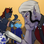Szelek reading while someone feels Midnas' muscle in the background.